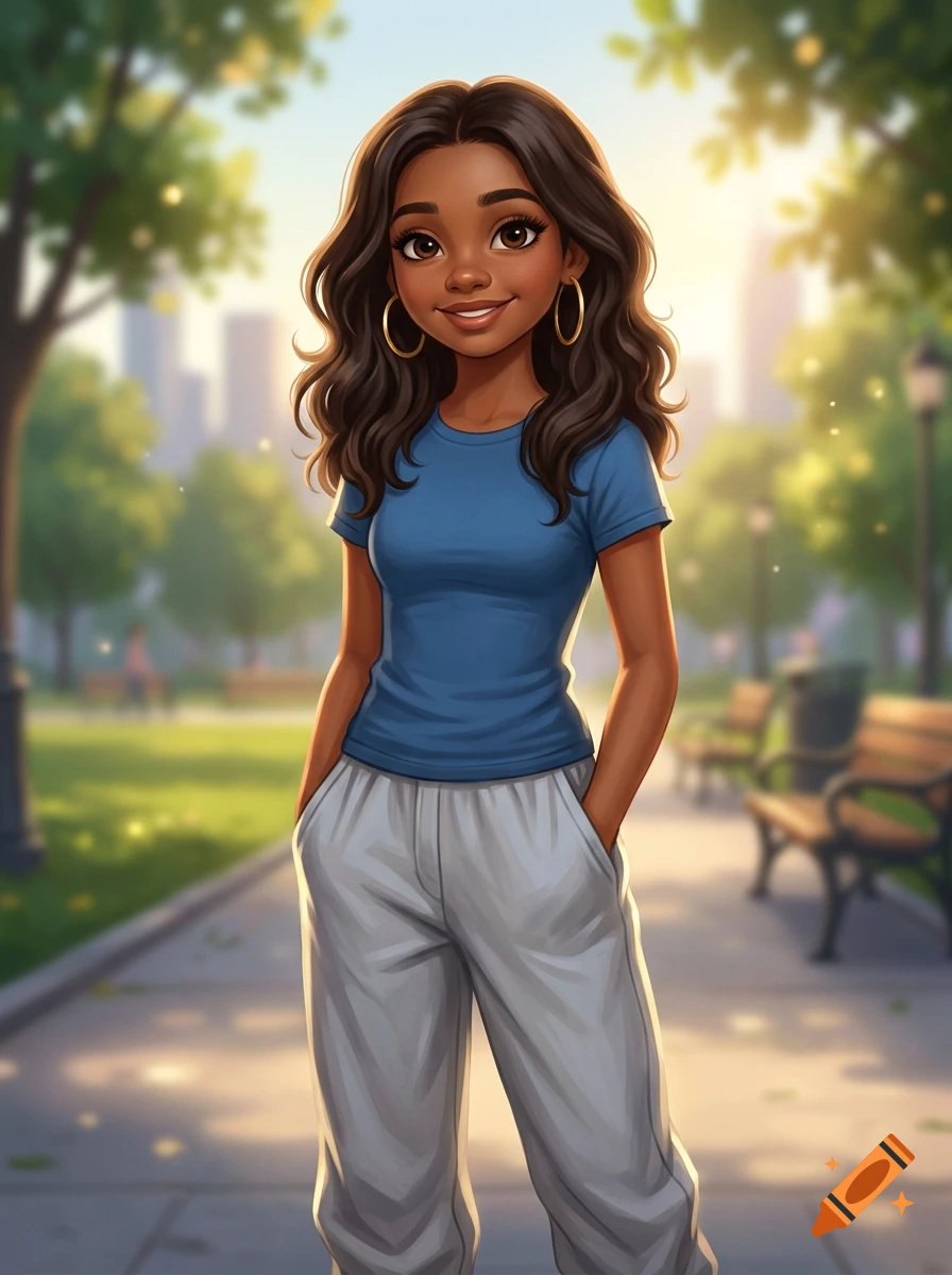 An illustrated portrait of a young woman with long dark wavy hair, wearing a blue t-shirt and grey pants, standing in a sunny park with paths and benches.