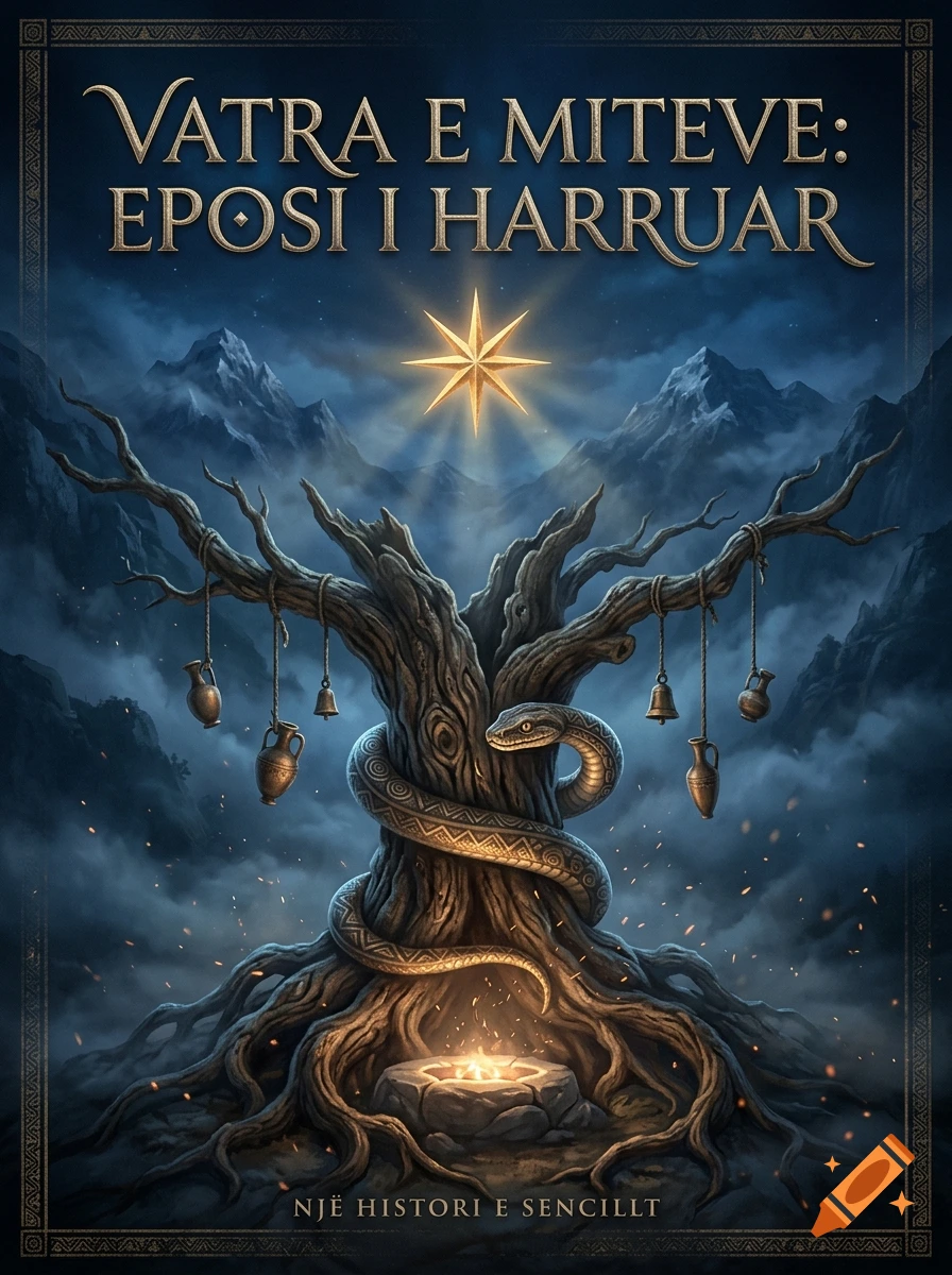 Fantasy book cover featuring a gnarled dead tree wrapped by a snake, hanging bells and jars, a glowing star above, and text at top and bottom.