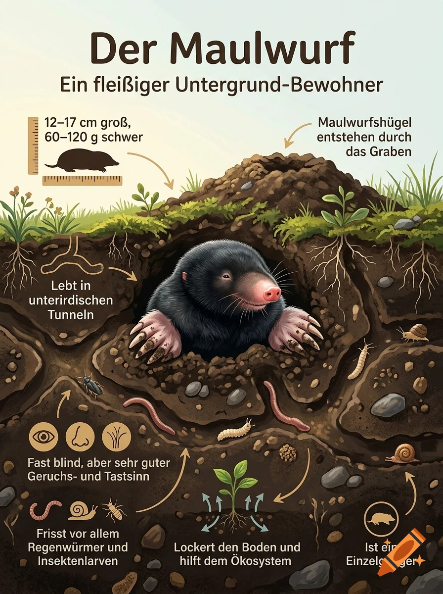 Educational poster in German about moles, showing a mole in an underground burrow with cross-section details.