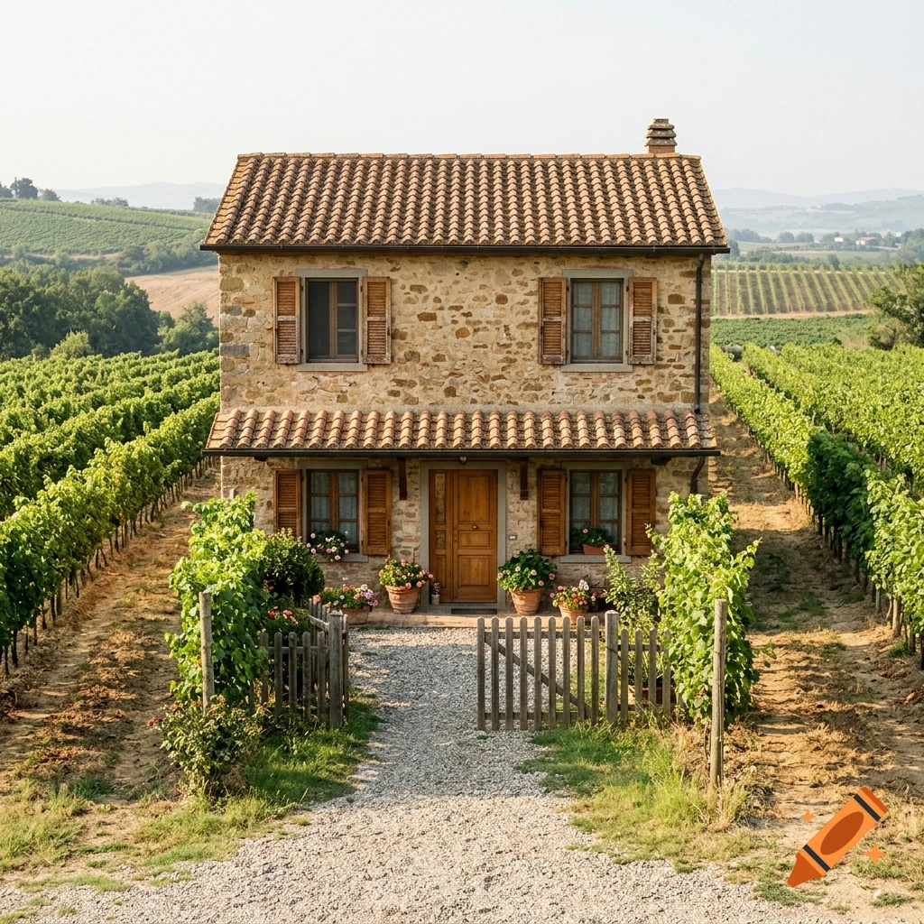 Photorealistic image of a stone farmhouse surrounded by vineyards with a gravel path leading to the entrance.