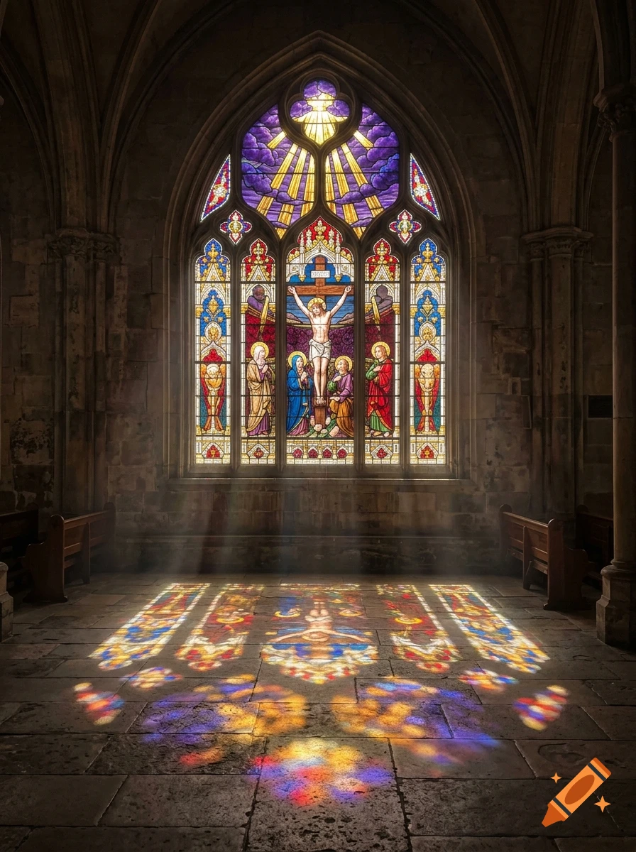 Stained glass window depicting the crucifixion of Christ inside a stone church, casting colorful light onto the floor.