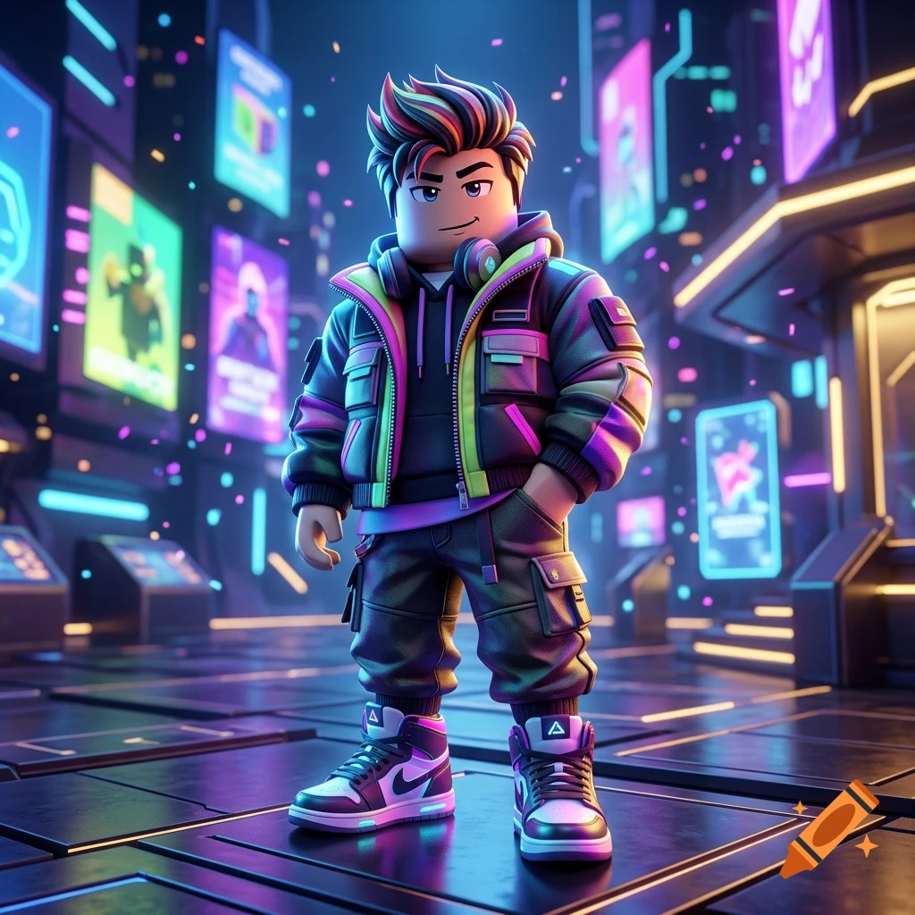 3D digital illustration of a stylish male Roblox character wearing a neon jacket and sneakers in a futuristic cyberpunk city.