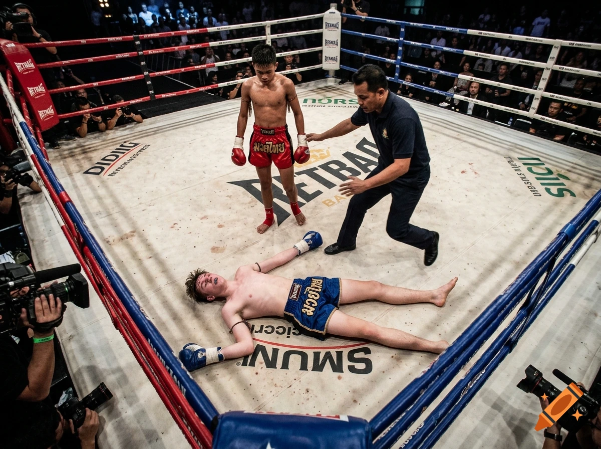 Aerial photograph of a Muay Thai ring with a referee checking on a knocked-out fighter lying on the canvas.
