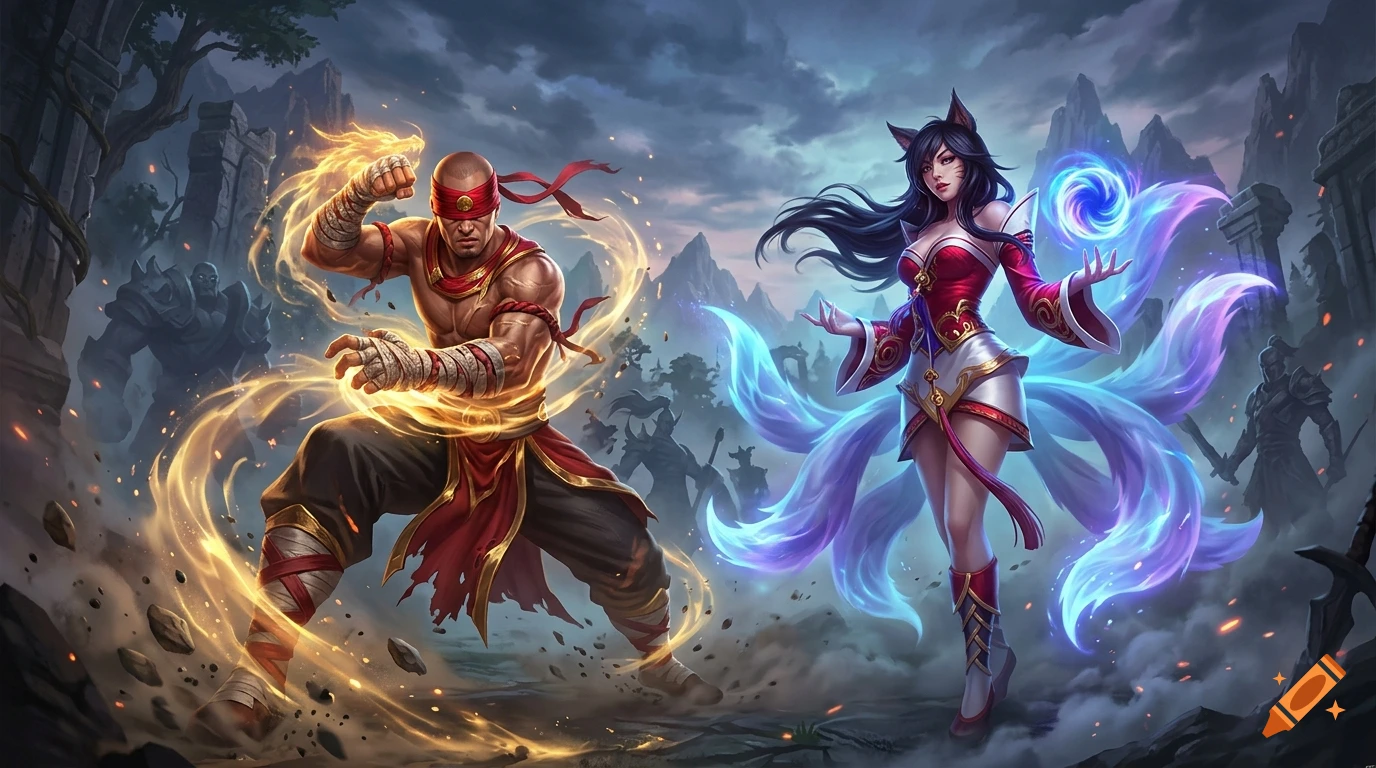 Digital art of Lee Sin and Ahri from League of Legends in a battle stance amidst ruins.