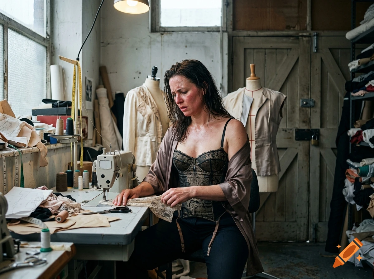 A woman working at a sewing machine in a tailoring workshop filled with fabrics and dressmaker's dummies.