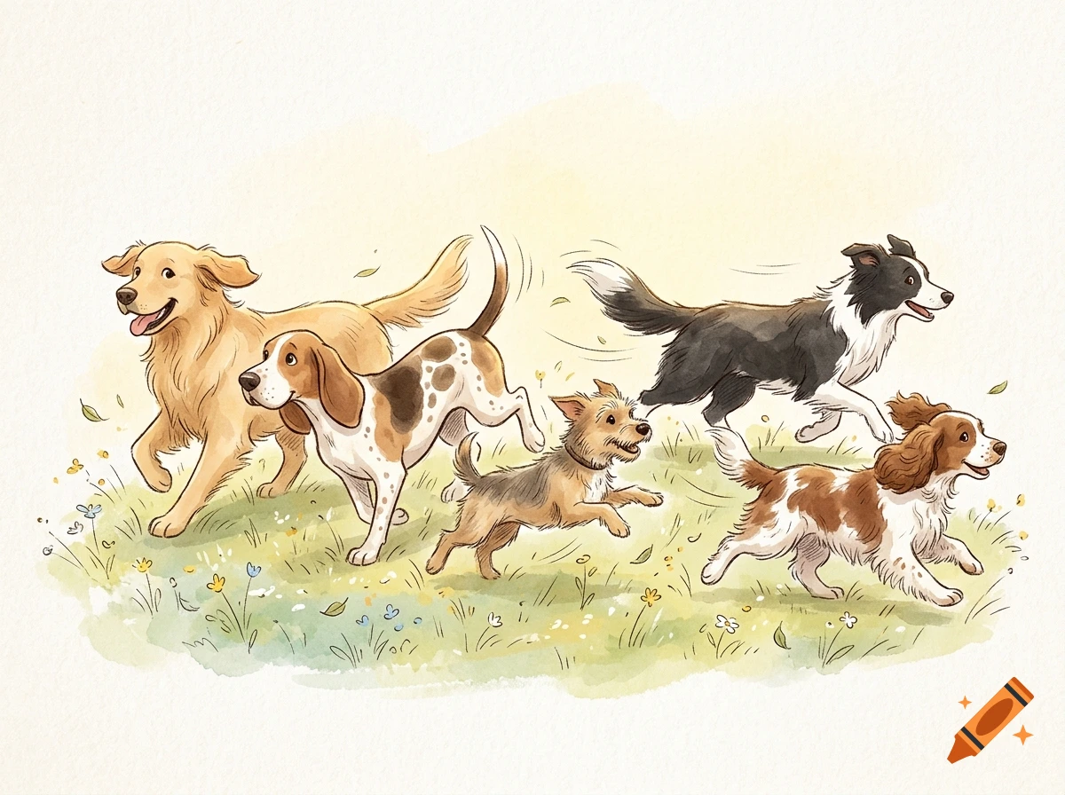 Watercolor illustration of five happy dogs running together across a grassy meadow to the right.