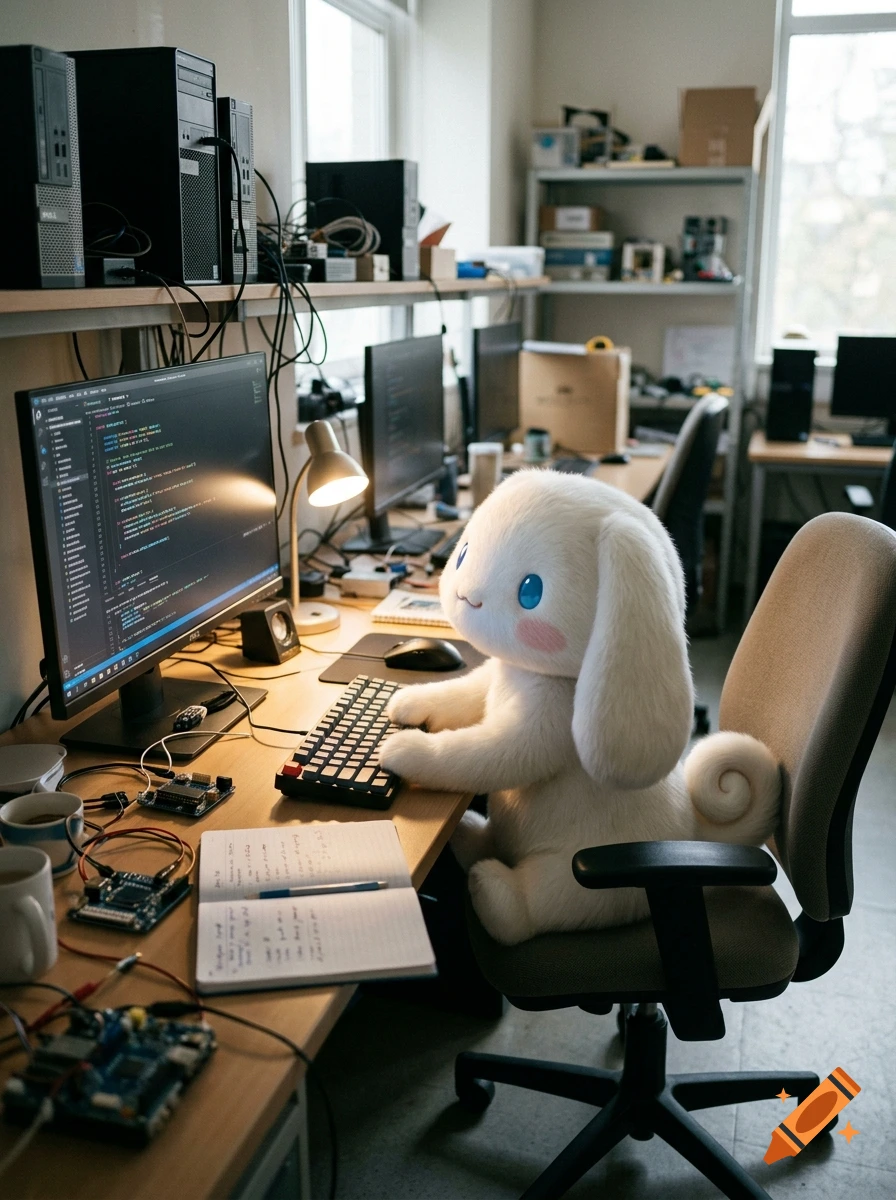 A white plush character resembling Cinnamoroll sits at a desk typing on a mechanical keyboard in front of a computer monitor displaying code.