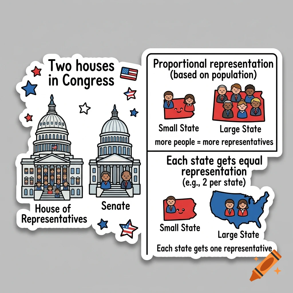 An educational sticker diagram explaining the two houses of Congress, including illustrations of the Capitol building, the Senate, and representations of proportional versus equal state representation.