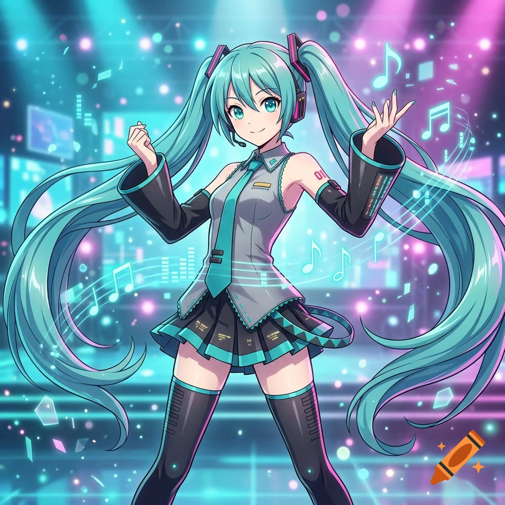 Digital anime illustration of Hatsune Miku with long teal twin tails performing on a glowing stage.
