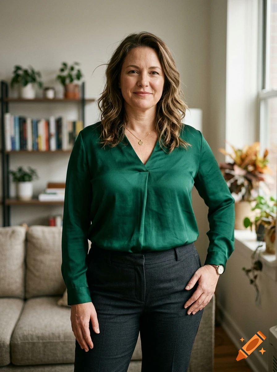 Photorealistic medium shot of a woman with wavy brown hair wearing a green blouse and dark pants inside a room with a bookshelf.