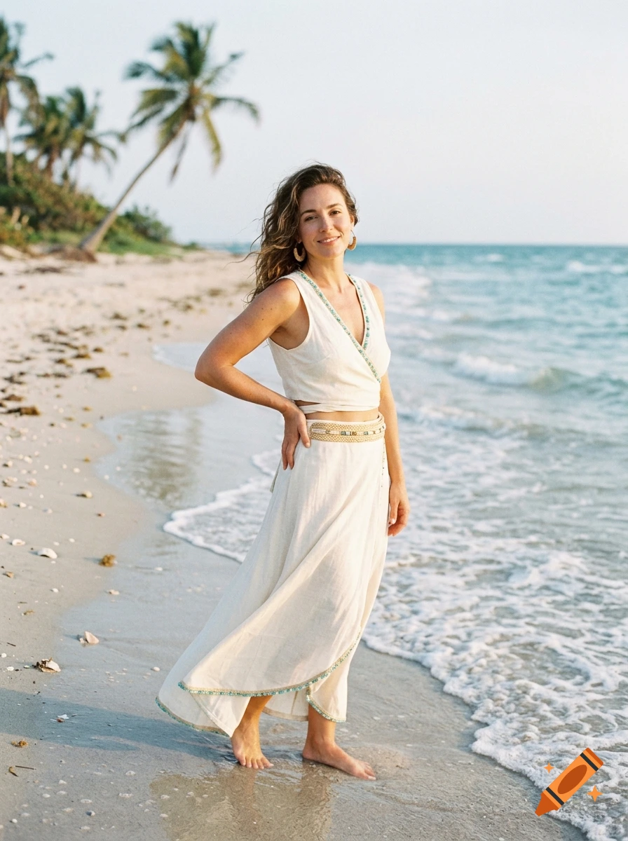 Photorealistic image of a smiling woman in a cream-colored two-piece outfit posing on a tropical beach.