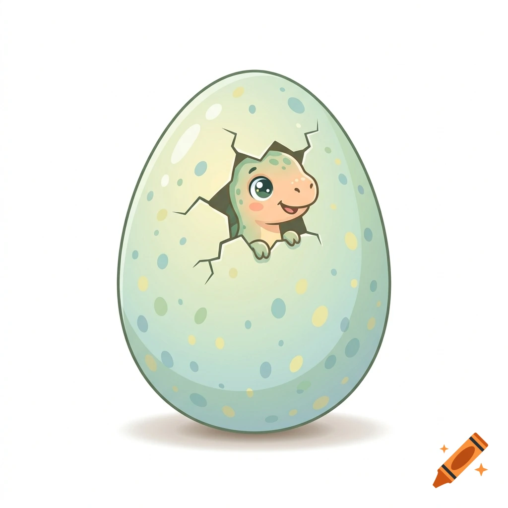 A cute cartoon baby dinosaur hatching from a speckled green egg.