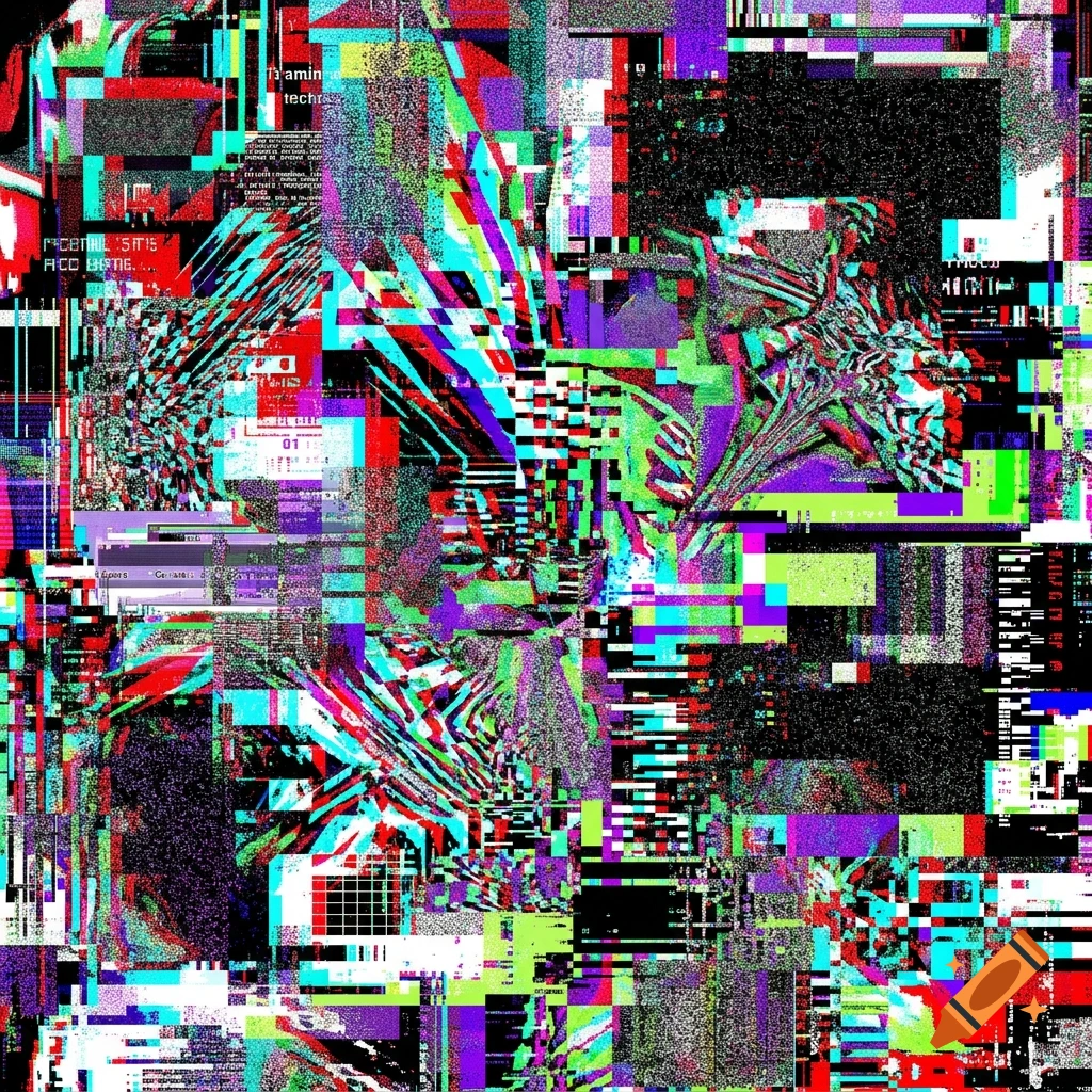 Colorful digital glitch art with static, pixelated patterns, and distorted shapes.