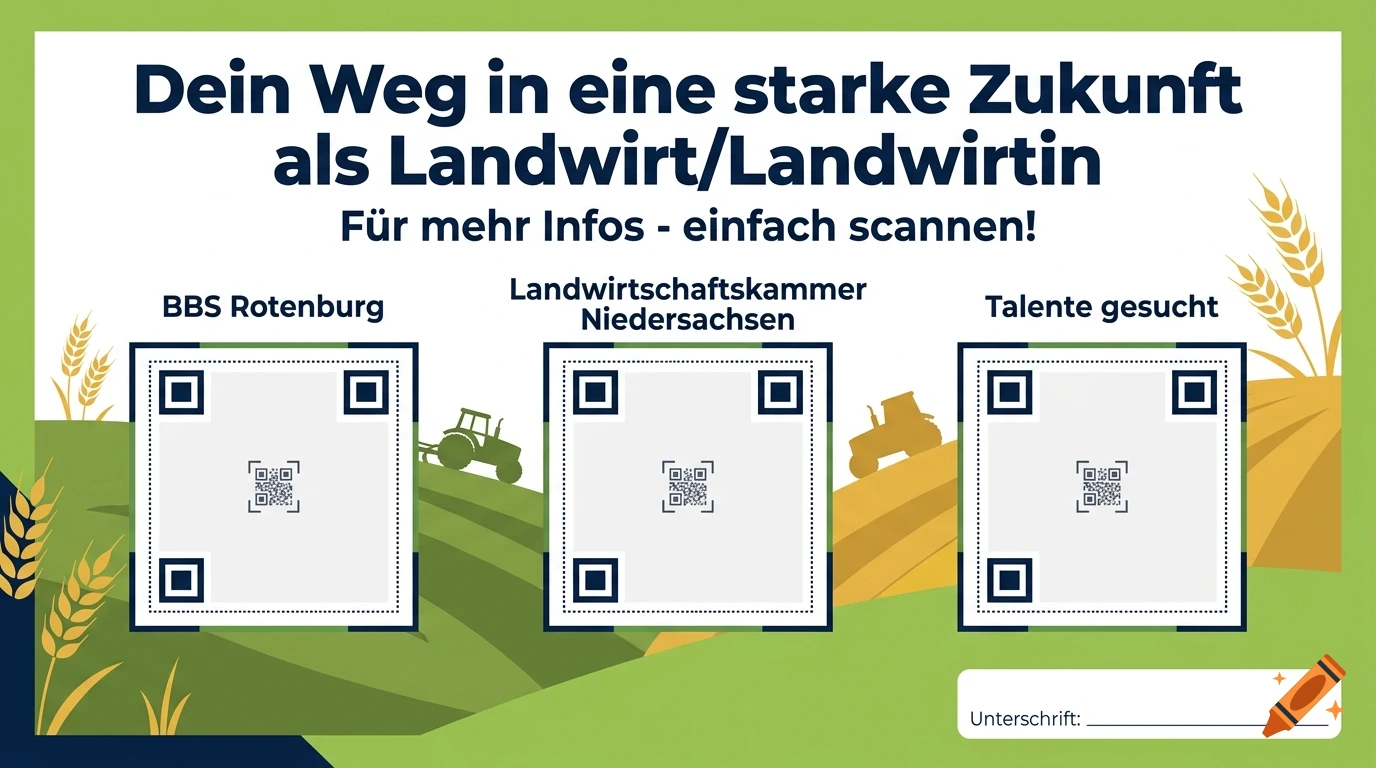 An informational poster with German text about careers in agriculture, featuring three QR codes, tractor illustrations, and wheat stalks on a green and yellow background.