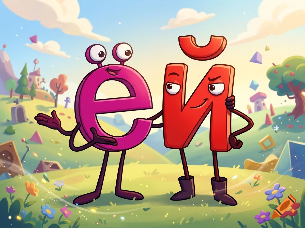 Two anthropomorphic Cyrillic letters with googly eyes standing in a sunny, green landscape with hills and flowers, digital cartoon style.