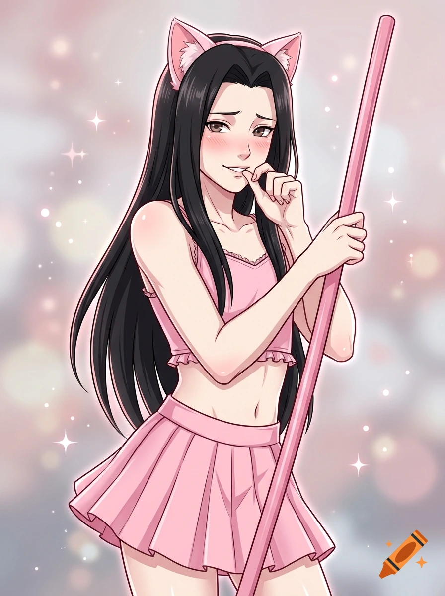 Anime illustration of a shy character with long black hair, cat ears headband, pink crop top and skirt, holding a pink pole.