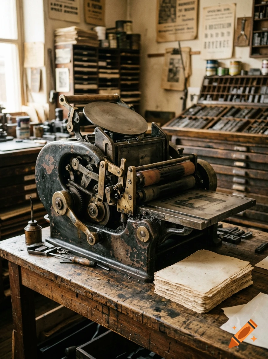 An old printing press sits on a wooden workbench in a vintage print shop with posters and type drawers in the background.