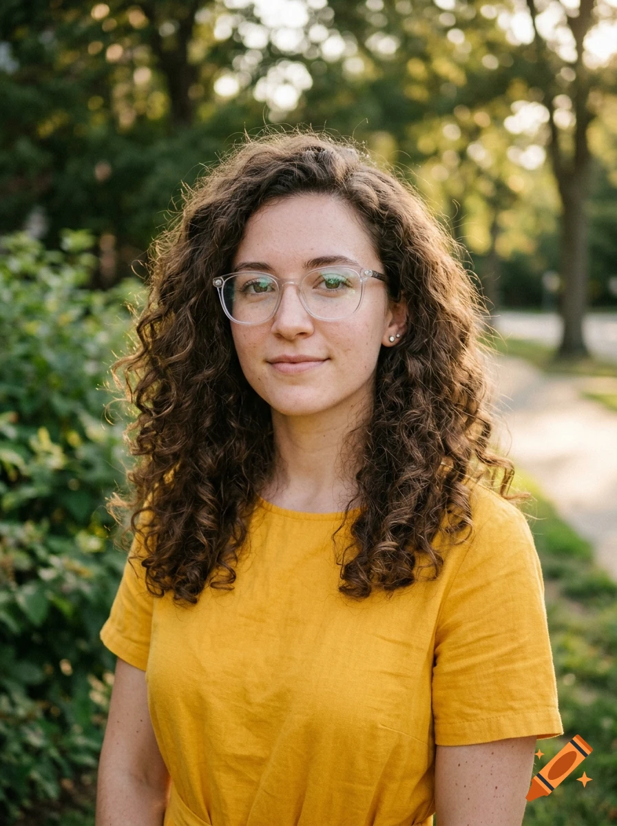 Photorealistic portrait of a young woman with curly brown hair and glasses, wearing a yellow dress, standing outdoors.
