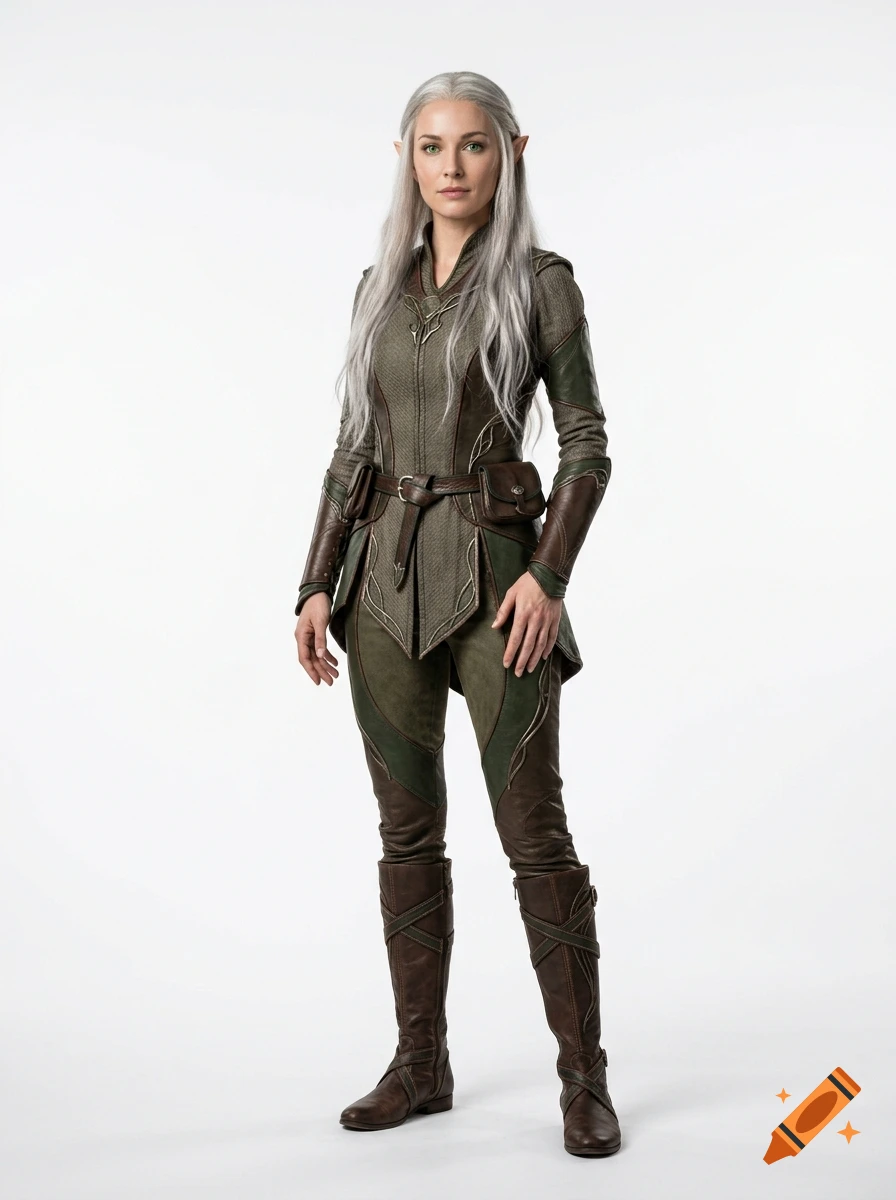 Full body photorealistic shot of a female elf with long silver hair and green eyes, wearing fantasy clothing.