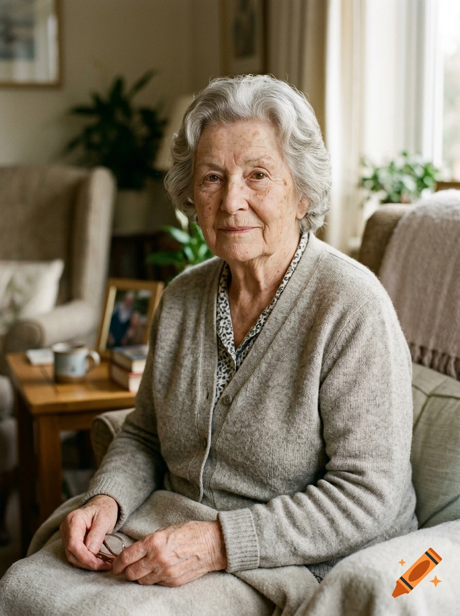 Photorealistic portrait of an elderly woman with short grey hair sitting in a comfortable armchair indoors.