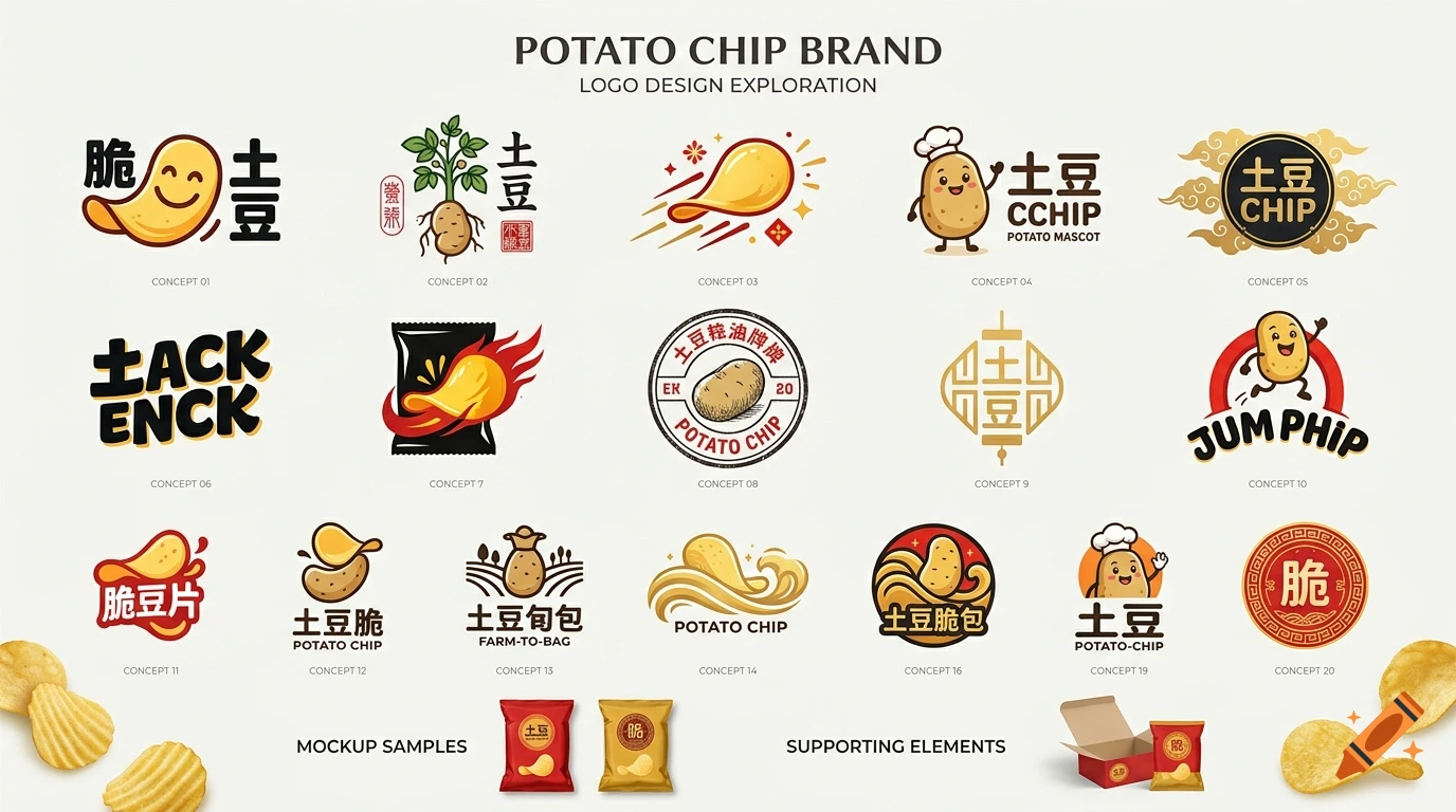 A presentation of 20 potato chip logo design concepts in various styles, featuring Chinese characters and stylized potato mascots.