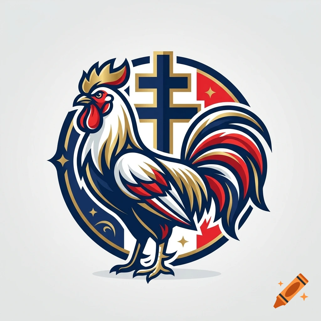 A stylized emblem featuring a rooster in front of a blue double-barred cross inside a circular badge with red, white, and blue accents.