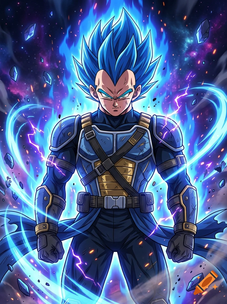 Digital anime illustration of Vegeta in tactical armor with glowing blue hair and aura in a cosmic setting.