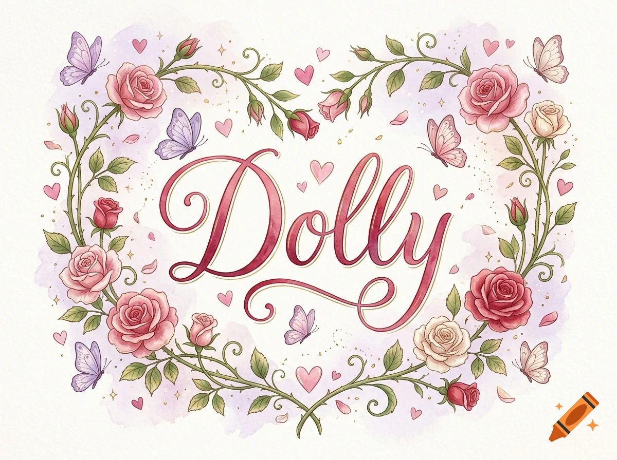 Watercolor illustration of the name Dolly surrounded by a heart-shaped wreath of pink roses, vines, and butterflies on textured paper.
