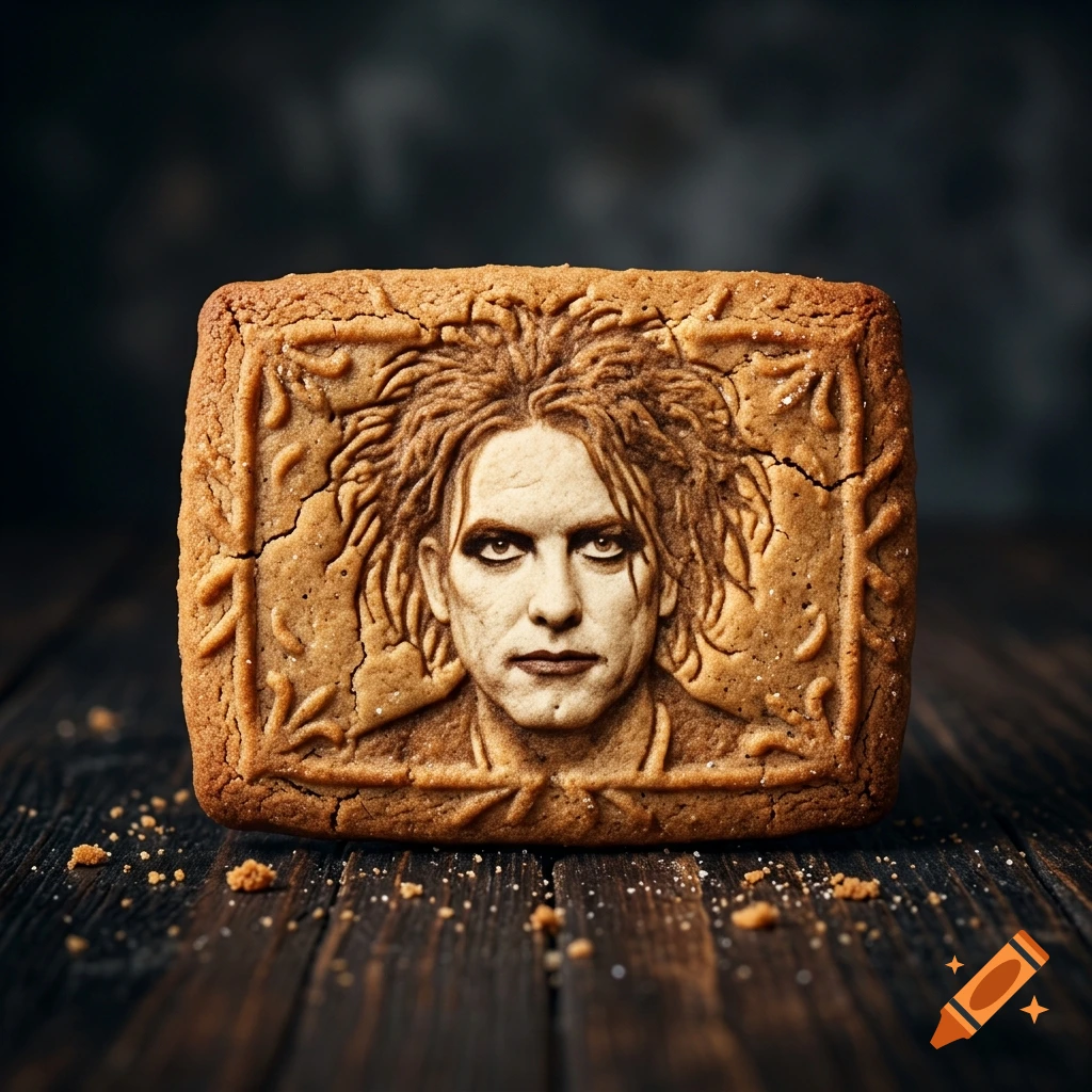 A rectangular spiced cookie featuring an embossed portrait of a person with long messy hair and dark eye makeup, resting on a dark wooden surface.