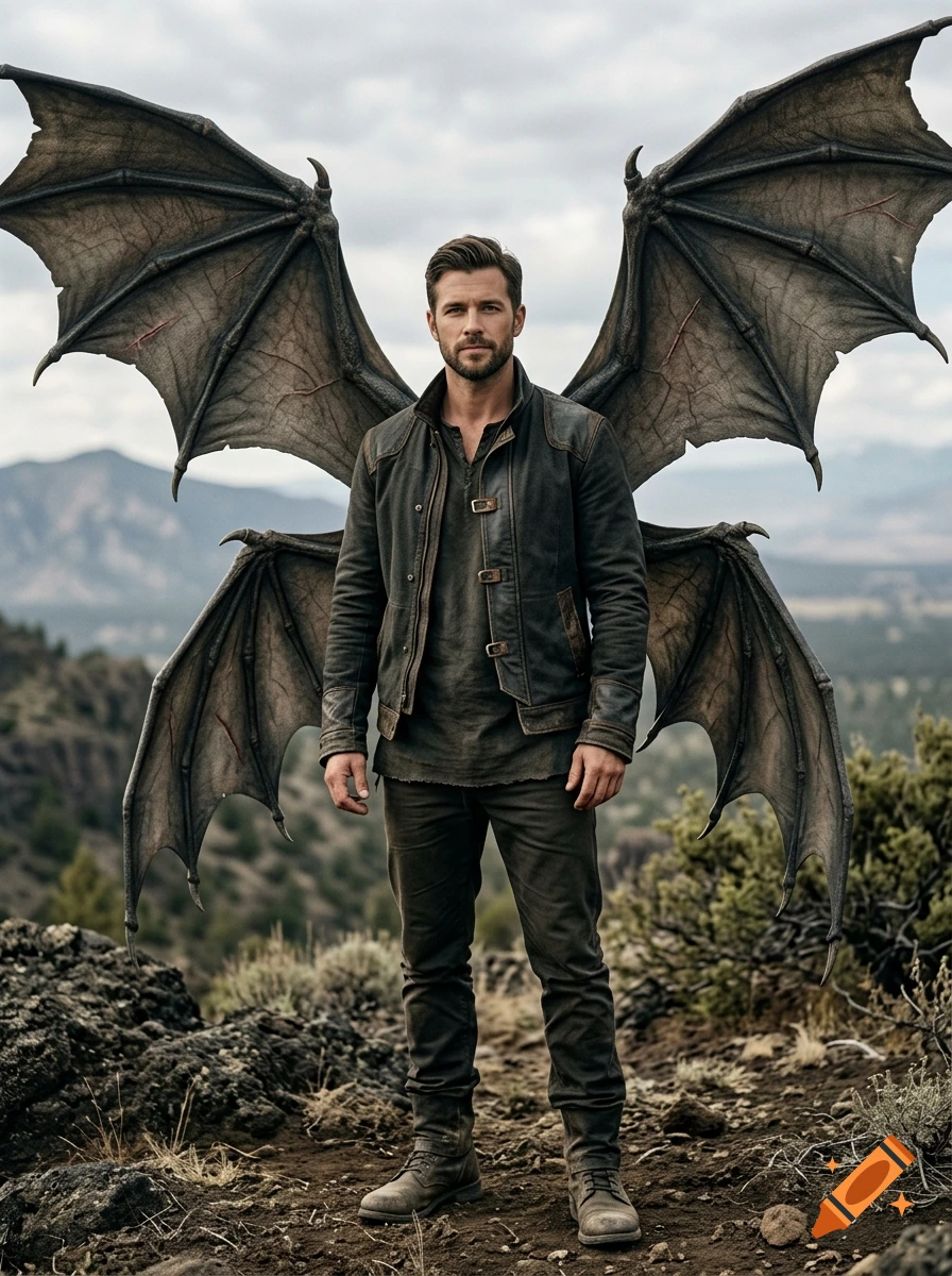 Photorealistic full-length portrait of an attractive man standing outdoors with two sets of large, detailed dragon wings.