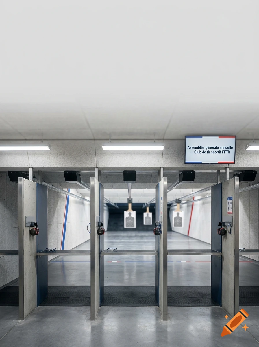 Indoor shooting range with firing lanes, concrete dividers, and a screen displaying French text, photorealistic.