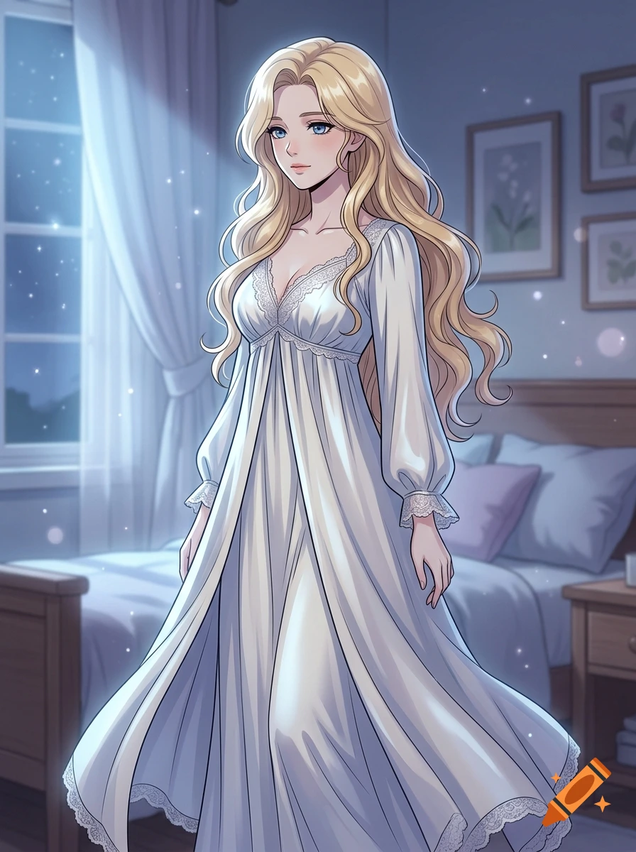 An anime-style illustration of a blonde woman with long wavy hair wearing a white lace nightgown in a bedroom at night.