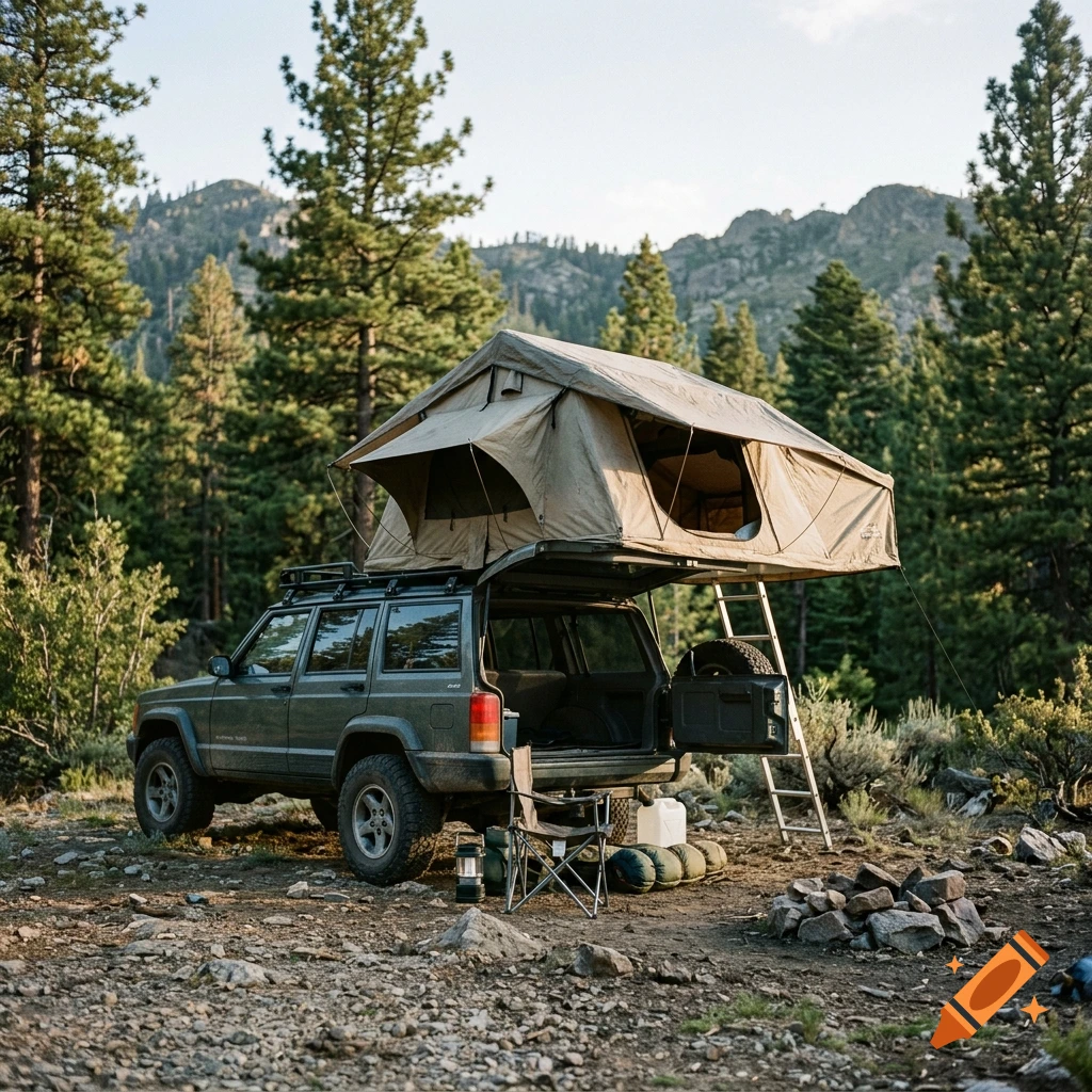 Photorealistic image of a dark green SUV with a rooftop tent set up in a pine forest campsite.