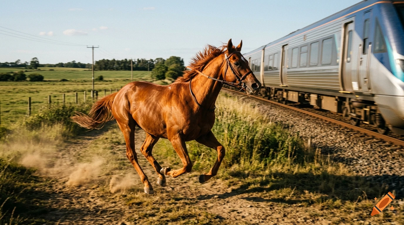 Photorealistic image of a brown horse running alongside a passenger train in a grassy countryside.