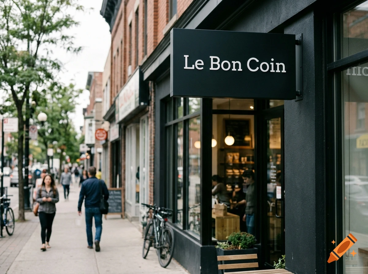 Photorealistic street scene showing pedestrians walking past a modern storefront with a black sign reading 'Le Bon Coin'.
