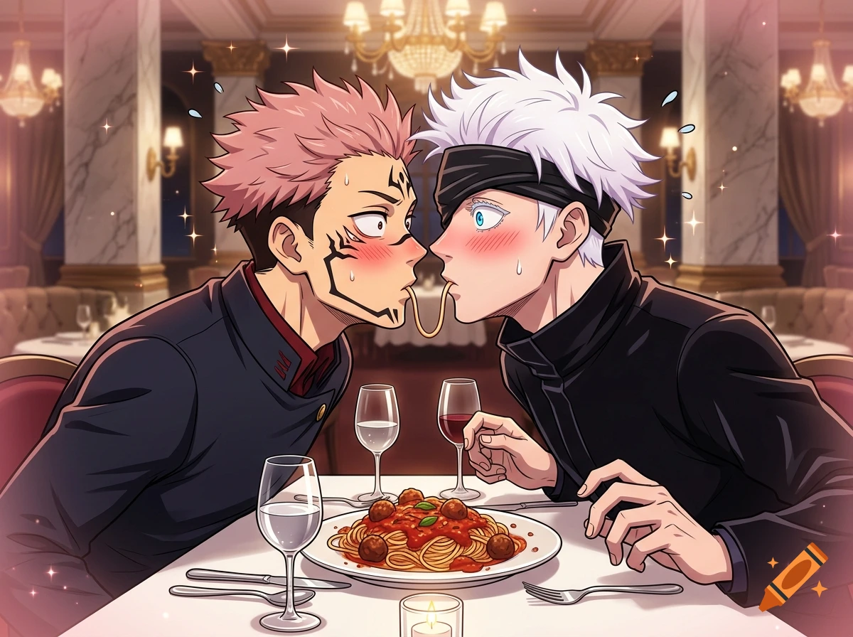 Anime style illustration of two male characters sharing a single piece of spaghetti at a restaurant table.