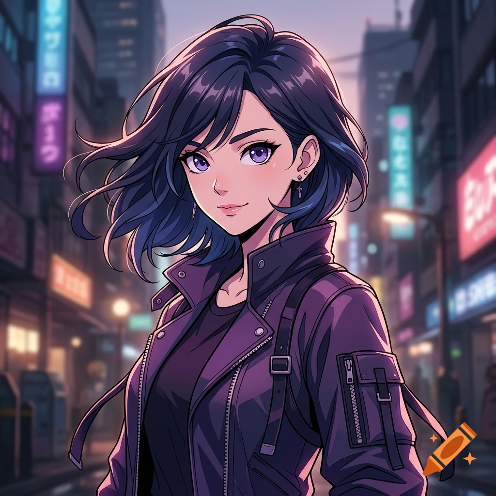 Digital illustration of a young woman with dark blue hair and purple eyes, wearing a purple jacket in a glowing city street at night.