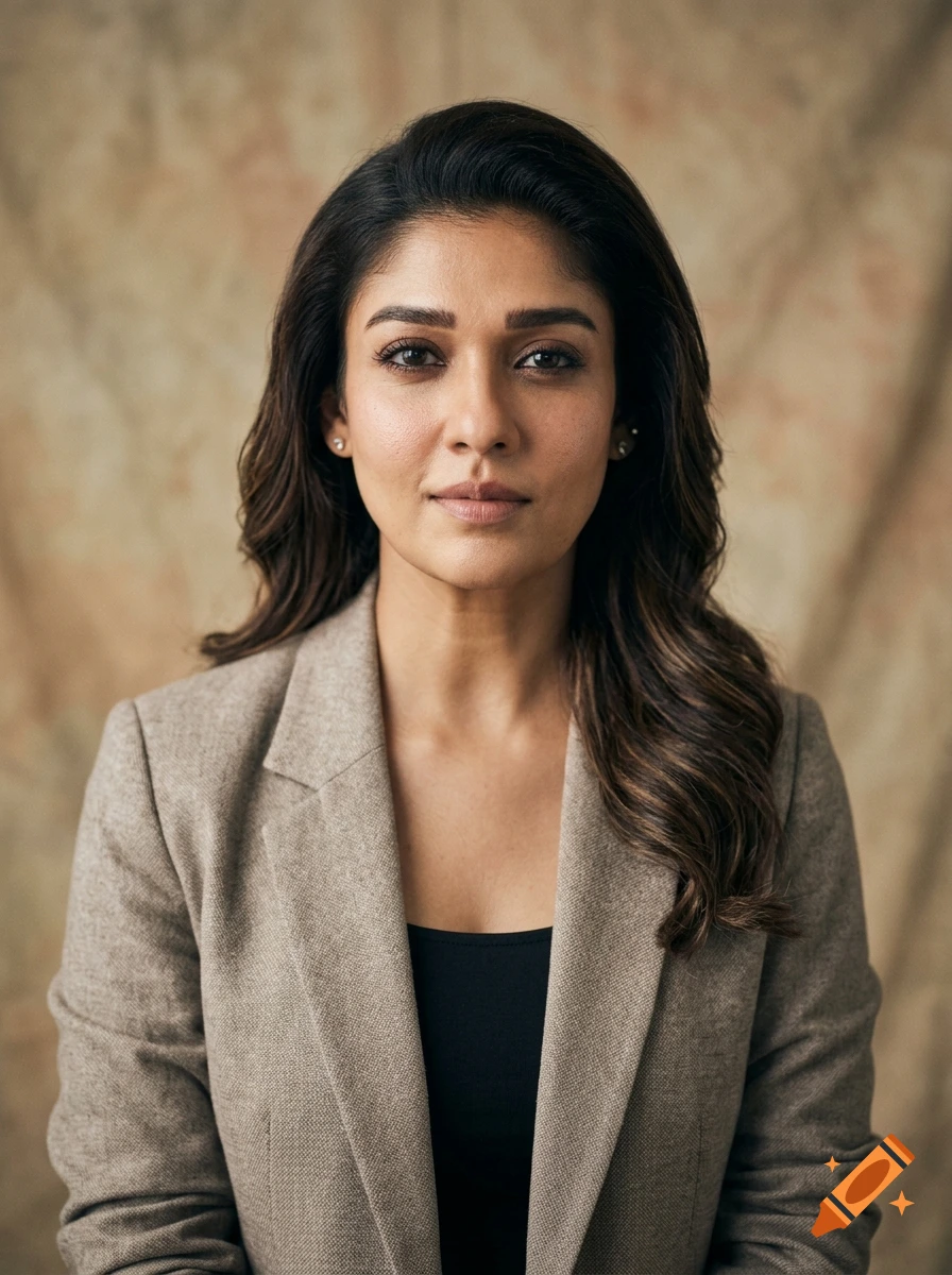Photorealistic portrait of a woman with dark wavy hair, wearing a beige blazer over a black top, against a textured background.