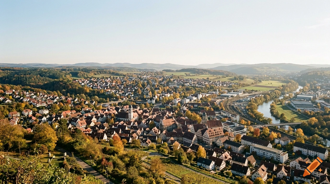 High-angle view of a European town with red-tiled roofs, nestled among rolling green hills and a winding river.