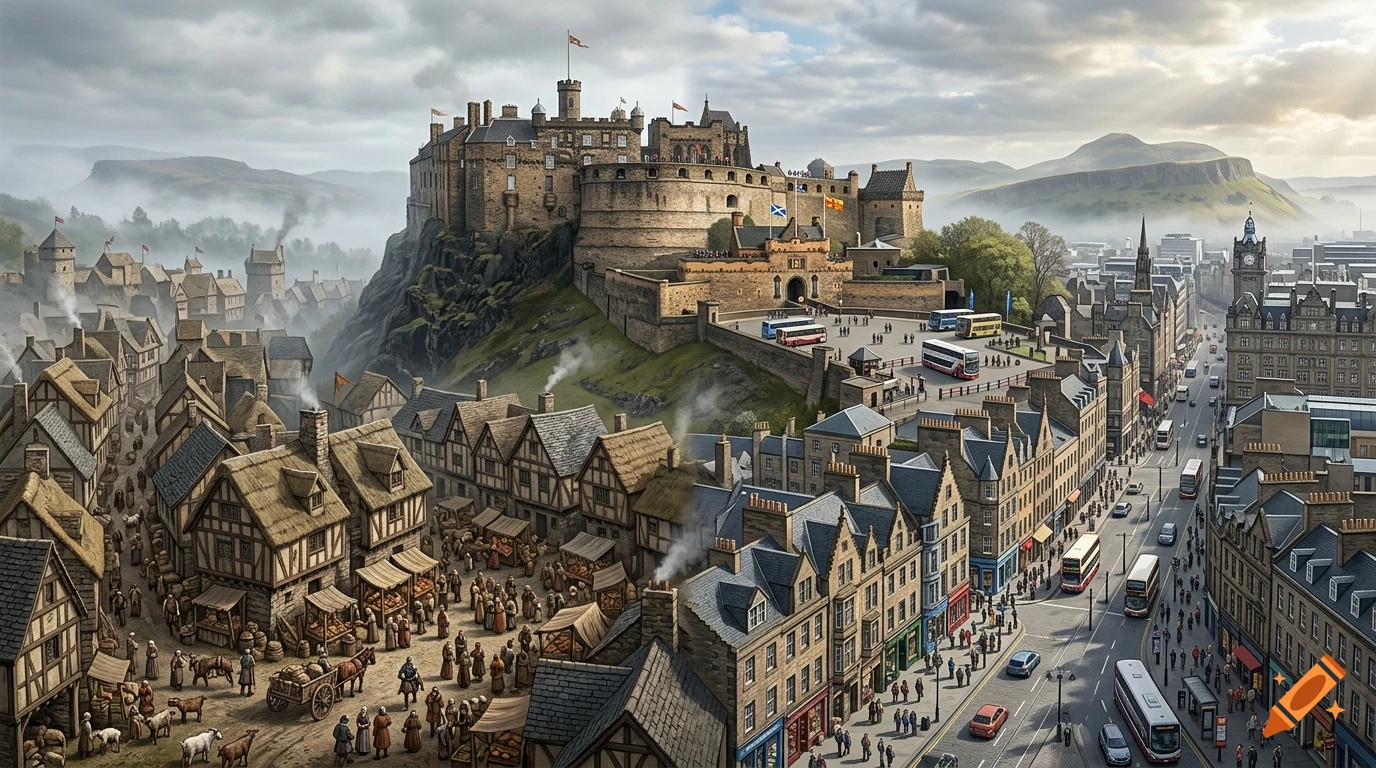 Split-view historical and modern illustration of Edinburgh Castle, showing a medieval village on the left and a modern city street on the right.
