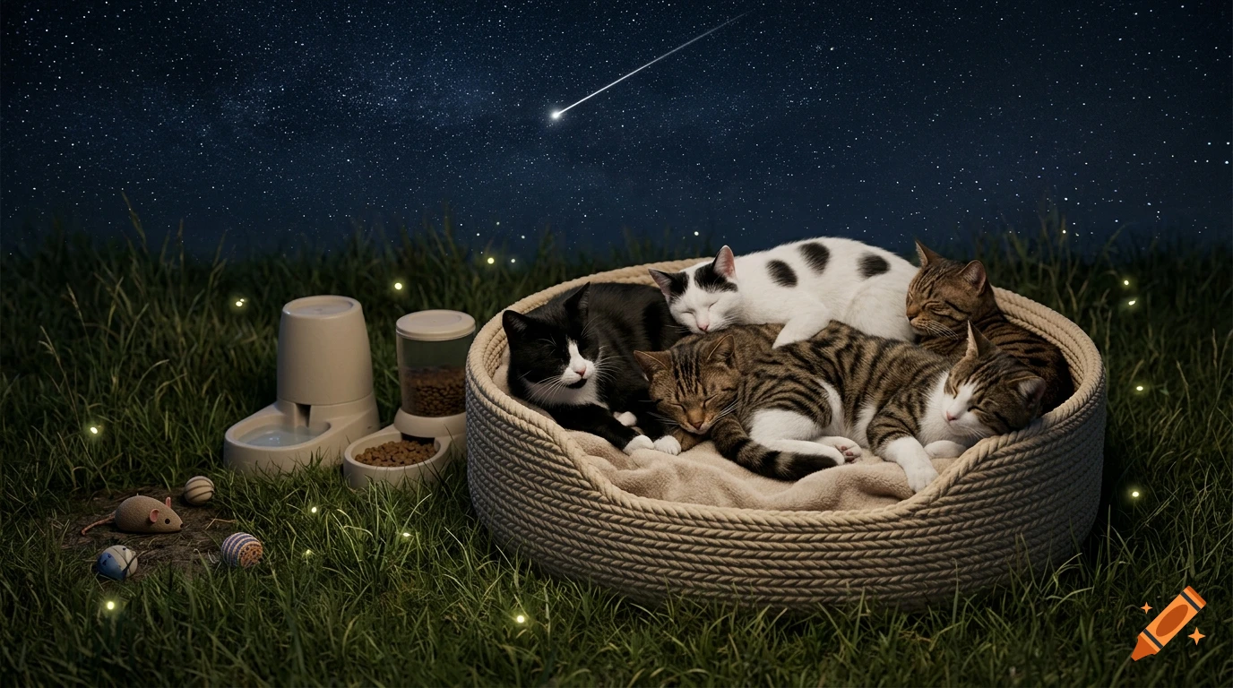 Photorealistic image of five cats sleeping together in a round woven bed on grass under a starry night sky with a shooting star.