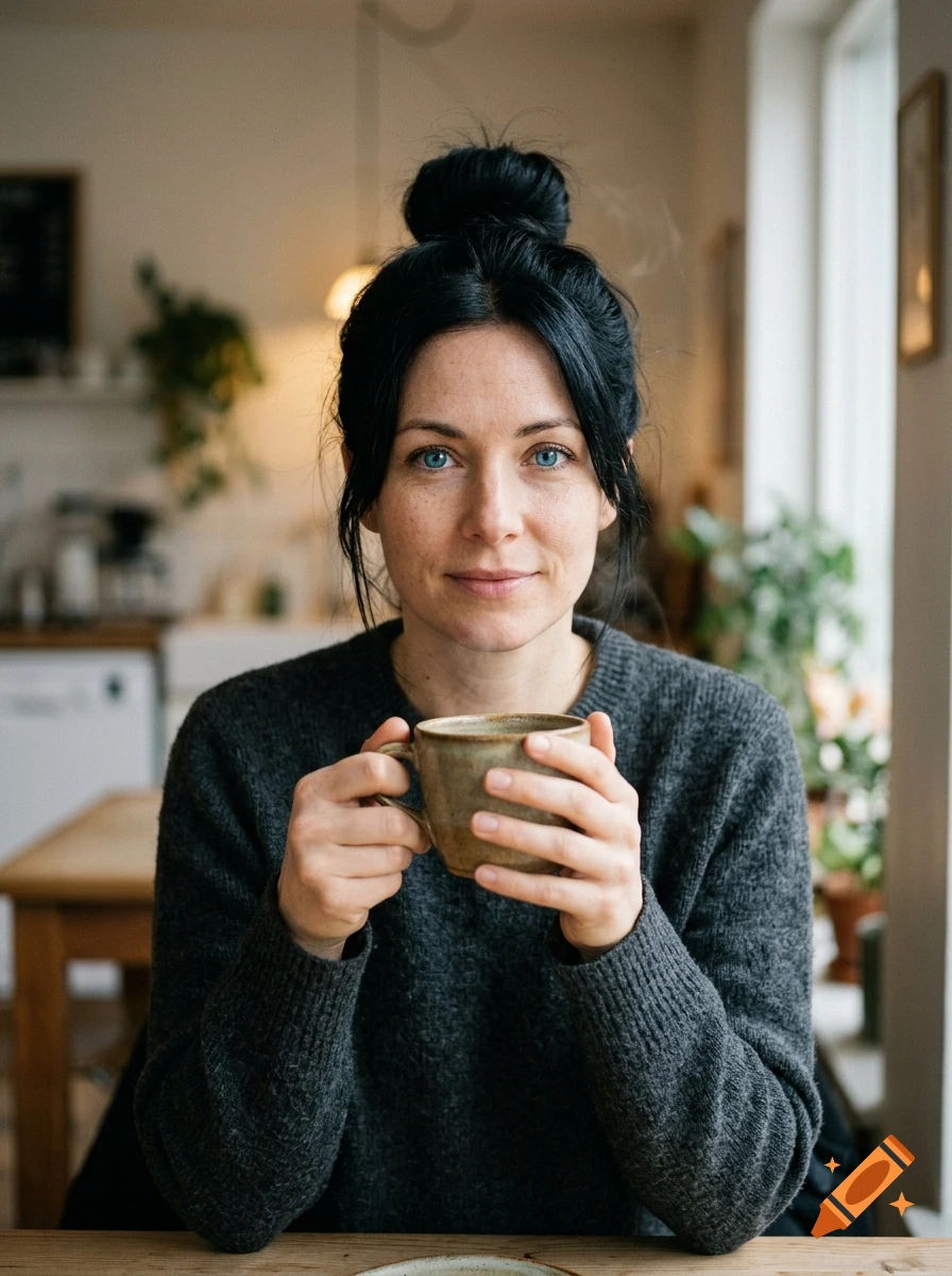 Photorealistic portrait of a woman with black hair in a high bun and blue eyes, holding a coffee mug in a cozy kitchen.