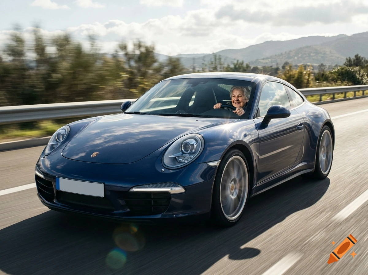 An elderly woman smiling while driving a blue Porsche sports car on a highway.