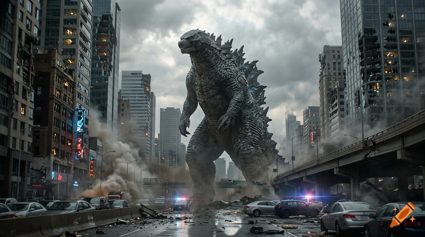 Photorealistic image of Godzilla standing in the middle of a damaged city street surrounded by wrecked cars and smoke.