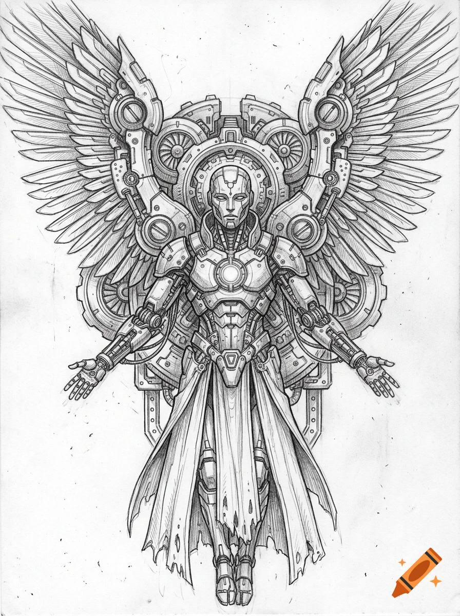 Graphite concept sketch of a futuristic mechanical angel with robotic armor and turbine wings, drawn on textured paper.