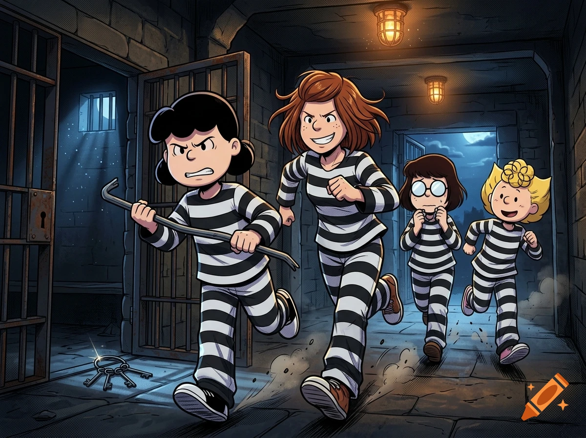 Comic style illustration of four characters in prison uniforms running down a stone hallway, one holding a crowbar.