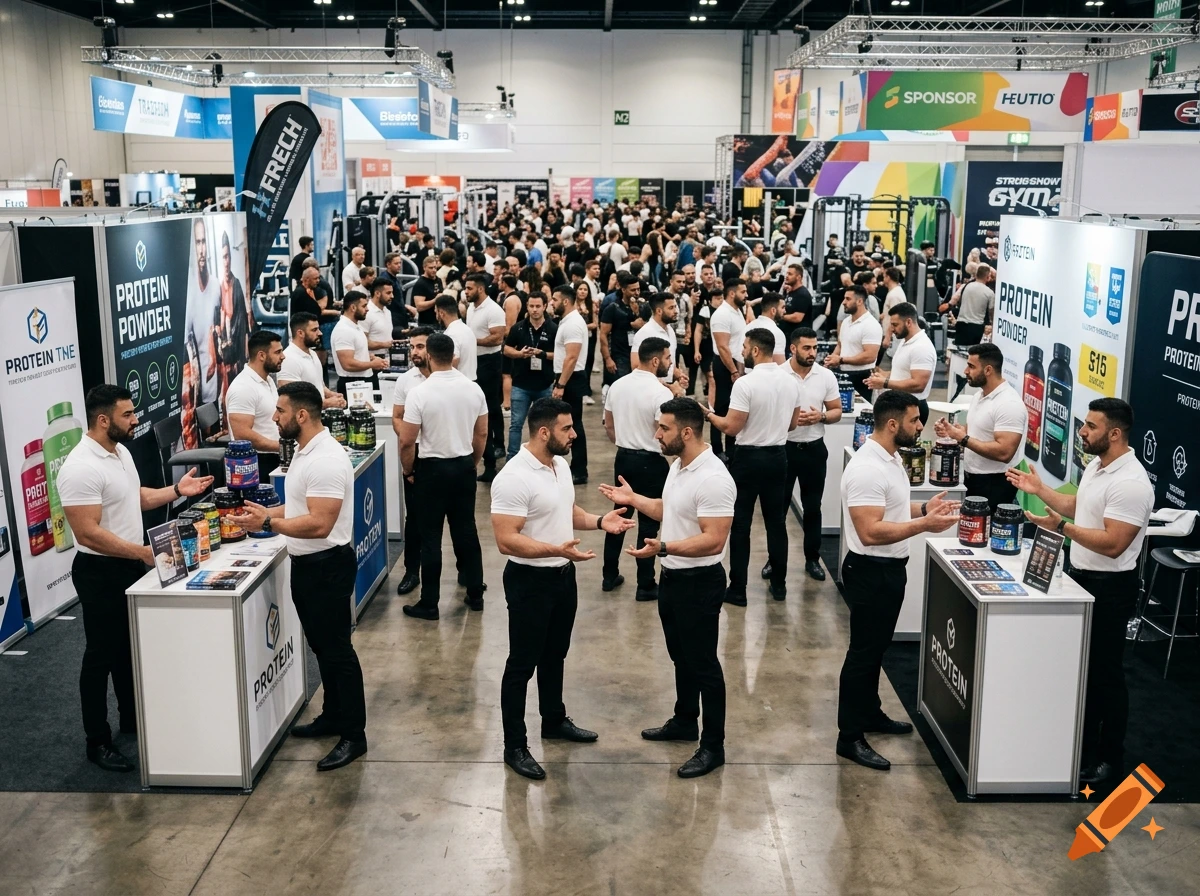 A crowded fitness expo hall filled with identical sales reps wearing white polo shirts and black trousers, holding protein products.