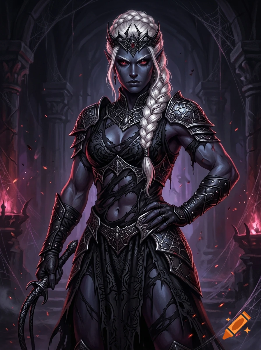 Digital painting of a powerful dark elf female warrior with white braided hair, red eyes, dark armor, and holding a whip in a dungeon.