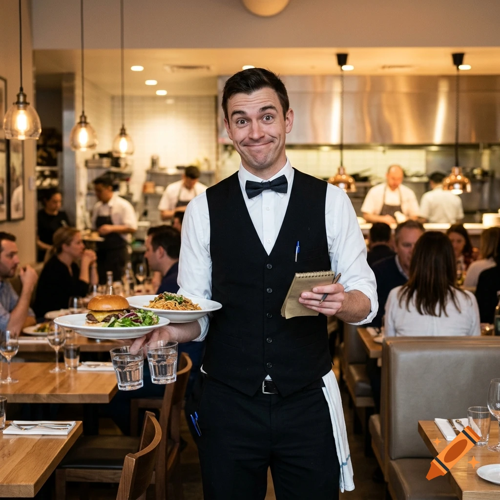 Photorealistic image of a funny waiter holding plates of food and a notepad in a busy restaurant.
