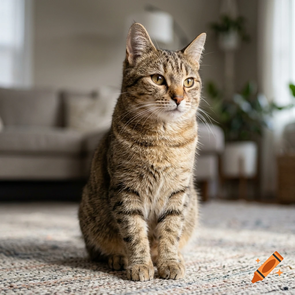 Photorealistic tabby cat sitting on a rug in a living room.
